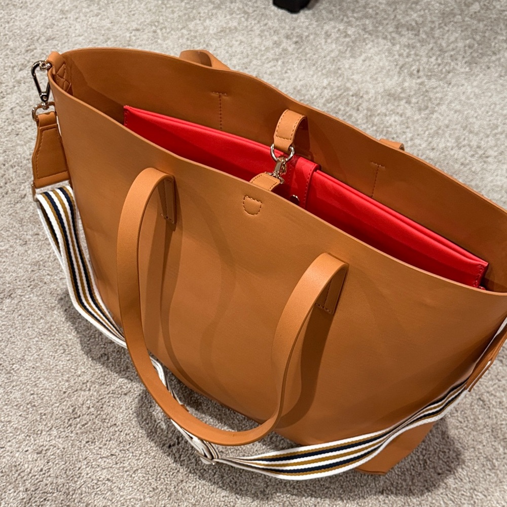 Mark & Graham Tote bag with detachable crossbody strap and red laptop sleeve